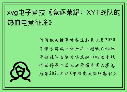 xyg电子竞技《竞逐荣耀：XYT战队的热血电竞征途》
