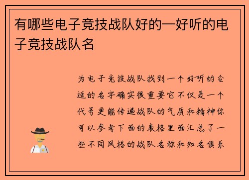 有哪些电子竞技战队好的—好听的电子竞技战队名